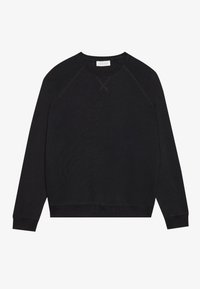 Sudadera negra de mezcla de algodón, con cuello redondo, puños y dobladillo acanalados, y mangas raglán con un acabado texturizado.