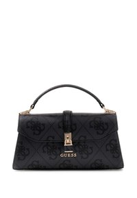 Sac à main Guess noir avec poignée supérieure, fermoir doré et motif monogramme subtil sur un corps rectangulaire structuré.