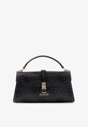 Schwarze Guess-Handtasche mit Obergriff, goldfarbenem Verschluss und dezentem Monogramm-Muster auf dem strukturierten rechteckigen Körper.