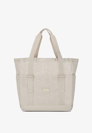 Bolso tote beige con patrón geométrico, doble asa superior y un diseño estructurado. Cuenta con correas ajustables y una textura sutil.