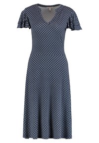Námořnická modrá šaty vyrobené z lehké látky s krátkými volánkovými rukávy, výstřihem do V a bílým květinovým vzorem po celém povrchu. Rozšířený silueta.