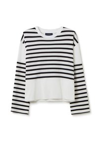 Weißes Langarmshirt mit schwarzen horizontalen Streifen, rundem Halsausschnitt und cropped Design. Aus weichem Baumwollmaterial mit glatter Textur.