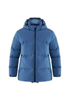 Blue padded winter jacket with hood, black front zipper, and side pockets, designed for cold weather protection.