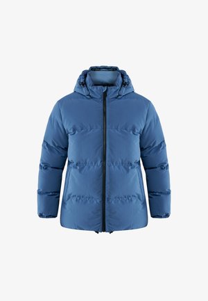 Niebieska ocieplana kurtka zimowa z kapturem, czarnym zamkiem błyskawicznym z przodu i kieszeniami po bokach, zaprojektowana do ochrony przed zimnym powietrzem.