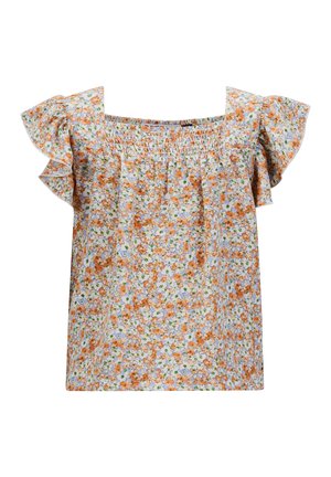 Blumenbluse mit quadratischem Ausschnitt, kurzen Rüschensleeves, sanftblauem Hintergrund und kleinen orangen, rosa und grünen Blumen.
