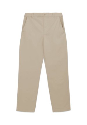 Pantaloni beige a gamba dritta con vita abbottonata e tasche laterali, mostrati distesi su sfondo bianco.