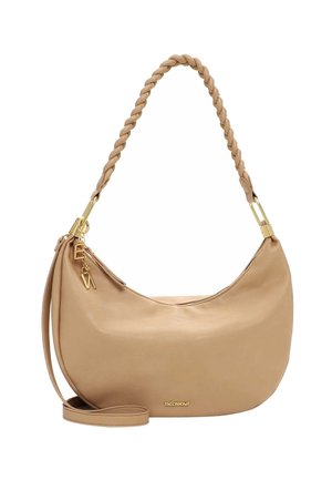 Taaniki kujuv käekott punutud sangaga, kuldse lukuga, brändi ripatsiga ja lisaks pikk rihm koti põhjas.