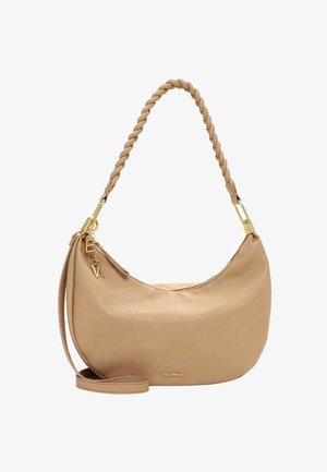 Taaniki kujuv käekott punutud sangaga, kuldse lukuga, brändi ripatsiga ja lisaks pikk rihm koti põhjas.