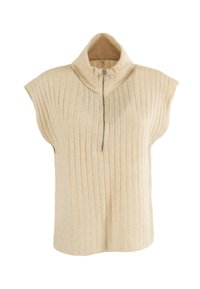Top beige senza maniche con texture a coste, colletto alto e chiusura a mezza zip. Materiale morbido con vestibilità comoda e orlo arrotondato.