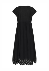 Black linen dress with a relaxed fit, cap sleeves, gathered waist, and lace detailing at the hem. Midi length, lightweight texture, simple design.