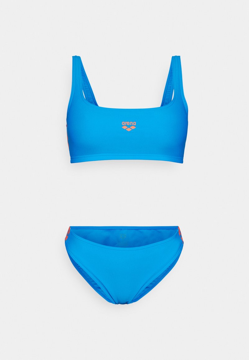 Blue bikini set made from smooth material; features a cropped top with wide straps and matching low-rise bottoms. Logo on the top in orange.