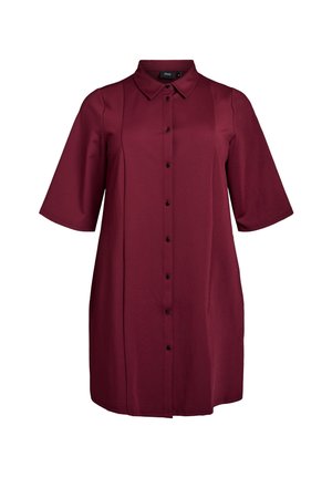 Abito button-up in bordeaux di lunghezza media con maniche corte e colletto classico su sfondo bianco.