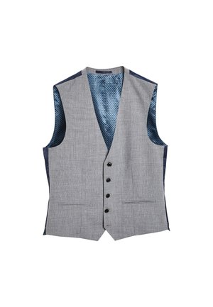 Szürke, texturált anyagú mellény, kék mintás szatén béléssel, hat fekete gombbal és két elülső zsebből áll.