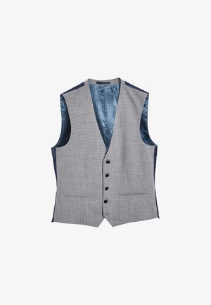 Szürke, texturált anyagú mellény, kék mintás szatén béléssel, hat fekete gombbal és két elülső zsebből áll.