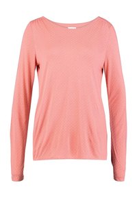 Långärmad topp i rosa med vita prickar, tillverkad av mjukt material; har rund halsringning och veck vid axlarna.