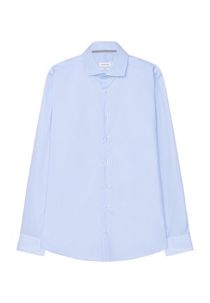Helles blaues Langarmhemd aus glattem Stoff, mit klassischem Kragen und Knopfleiste, sichtbaren weißen Knöpfen und abgerundetem Saum.