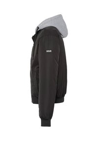 Giacca bomber nera con cappuccio grigio, chiusura con zip, polsini a coste e tasche laterali. Caratterizzata da un logo sulla manica sinistra. Tessuto liscio.