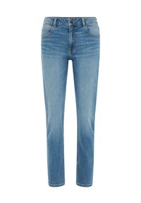 Svetlomodré rifle so rovnými nohavicami z denimu, vybavené zapínaním na gombíky, klasickým dizajnom s piatimi vreckami a jemným vyblednutím pozdĺž nohavíc.