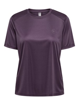 Purple athletic t-shirt made of smooth, moisture-wicking fabric. Features short sleeves, a round neckline, and textured shoulder panels.