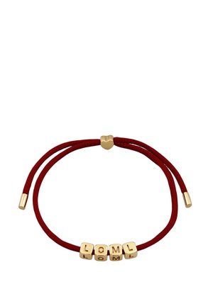 Red adjustable string bracelet with gold beads spelling L O M L and a small gold heart-shaped clasp.