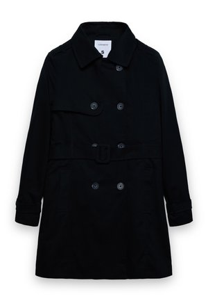Trench coat nero doppiopetto con bottoni, cintura, colletto, maniche lunghe e tasche frontali, taglia piccola di Terranova.