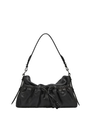Schwarze Lederschultertasche mit gerafften Details und Kordelzugverschluss, mit verstellbaren Seitenriemen und einem einzelnen Tragegriff.