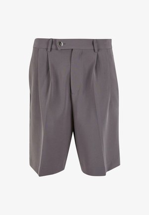 Graue, plissierte Shorts aus glattem Stoff, mit einem Knopfverschluss auf der Vorderseite und Gürtelschlaufen, geraden Beinen und ohne zusätzliche Verzierungen.