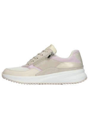 Sneakers featuring a mix of beige, pink, and cream suede and leather. Includes a side zipper, a textured mesh tongue, and a thick white sole.