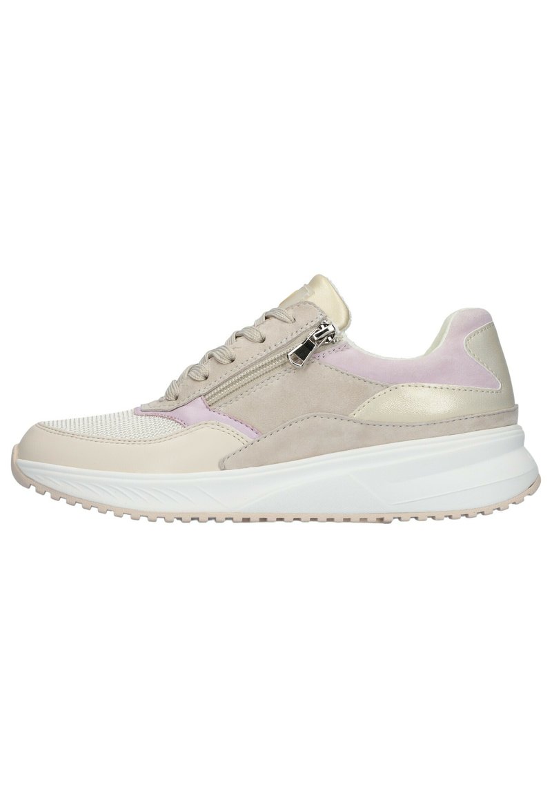 Sneakers w mieszance beżu, różu i kremowego zamszu oraz skóry. Zawierają boczny zamek błyskawiczny, teksturowany język z siateczki oraz grubą białą podeszwę.