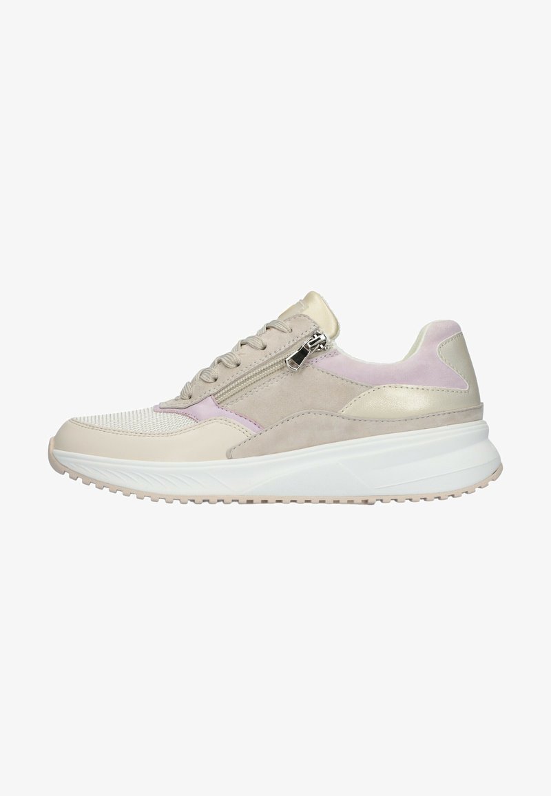 Sneakers w mieszance beżu, różu i kremowego zamszu oraz skóry. Zawierają boczny zamek błyskawiczny, teksturowany język z siateczki oraz grubą białą podeszwę.