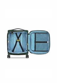 Groene koffer met een blauwe gestreepte binnenkant, voorzien van verstelbare riemen en een gaasritszak. Vier wielen en een handvat.