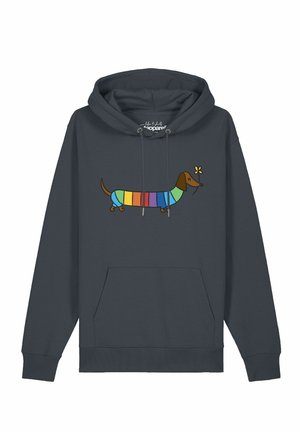 Sweat à capuche gris foncé avec un motif coloré rayé de teckel tenant une petite fleur jaune dans la bouche au centre devant.