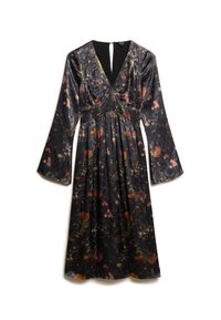 Vestido de manga larga, con estampado floral en tejido oscuro, escote en forma de V, cintura fruncida y mangas acampanadas. Presenta patrones florales multicolores por todo el vestido.