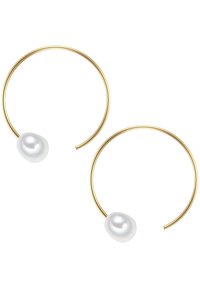 Zelta sieviešu auskari ar gludu, neregulāru baltu pērli. Gredzeni ir viegli un apaļi, ar pulētu apdari.