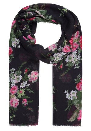 Black scarf with pink, white, and green floral patterns, loosely looped with fringed edges.