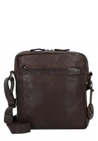 Bolsa mensajera de cuero marrón con superficie texturizada, parte superior con cremallera, bolsillo frontal, correa ajustable y detalle de hardware en forma de ancla.