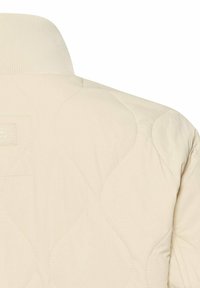 Beżowa pikowana kurtka od tyłu z prążkowanym kołnierzem i subtelnym wzorem przeszyć w kształcie diamentu.