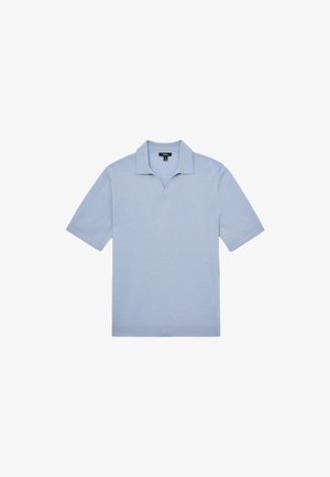 Light blue short-sleeve polo shirt made of soft fabric, featuring a V-neck collar and straight hem. Minimalist design with no patterns.