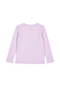 Camicia a maniche lunghe in lavanda chiaro, realizzata in tessuto a coste, con scollo rotondo e taglio dritto con spacchi laterali.