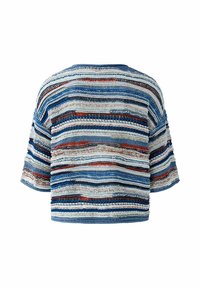 Gebreide trui met korte mouwen met horizontale strepen in blauw, wit, roest en zwarte tinten, met een gestructureerd, open geweven ontwerp.