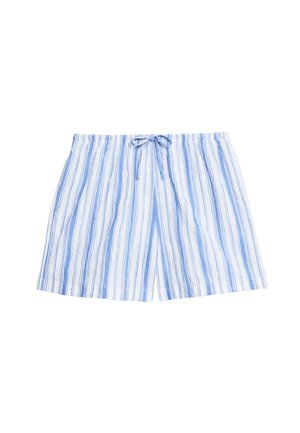 Männer Badehose im blau-weißen Streifenmuster, mit Zugband in der Taille, leichtem Stoff und geradem Beinschnitt.