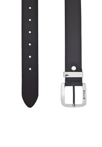 Schwarzer Leder Gürtel mit einer glatten Textur, silberner Metallschnalle und einem Logo-Gravur auf der Schnalle. Verfügt über Löcher zur Größenanpassung.