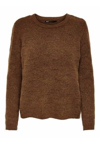 Pull marron en maille avec un col rond, des manches longues et un motif texturé. Le tissu semble doux et légèrement épais.
