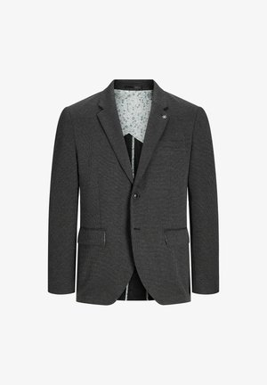 Dunkelgrauer Blazer aus strukturiertem Stoff, mit Ein-Knopf-Verschluss, zwei Vorderseiten-Taschen und einem blütenmusterbedruckten Innenfutter für den Kontrast.