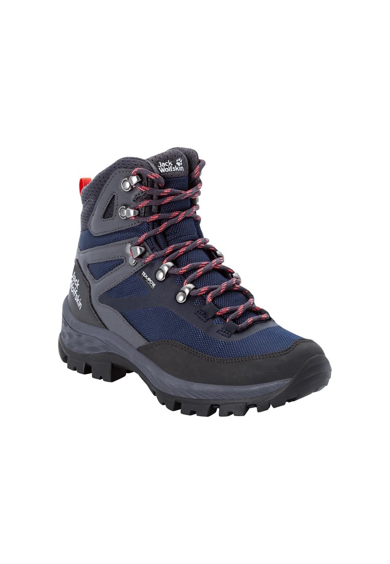 Granatowe i szare wodoodporne buty trekkingowe z czerwonymi sznurowadłami, mocną podeszwą i wsparciem kostki, zaprojektowane do terenów na świeżym powietrzu.