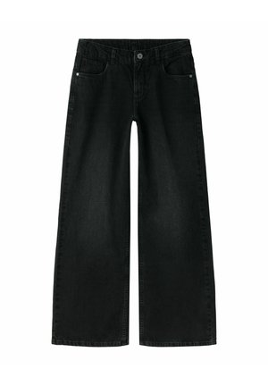 Jean noir en denim à jambes larges avec fermeture à boutons sur le devant, passants pour ceinture et design à cinq poches.