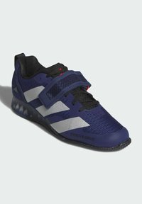 Sportssko med mørkeblå mesh-overdel med sølvdetaljer, velcrolukning og tekstureret sort ydersål. Bemærkelsesværdig branding på siden.