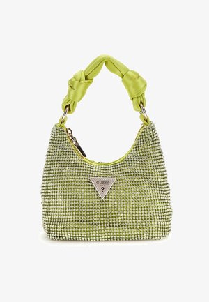 Grøn håndtaske med en knyttet satinrem, dækket af skinnende rhinsten. Har et sølvfarvet logo-skjold foran.