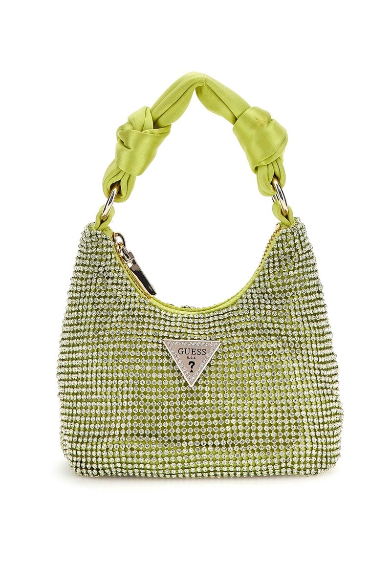 Zielona torebka z satynowym uchwytem przewiązanym w supeł, pokryta błyszczącymi strasami. Na przedzie znajduje się srebrna tarcza z logo.