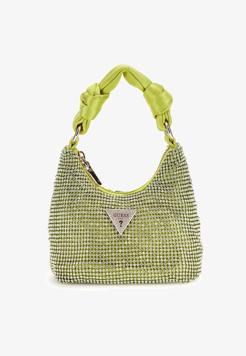 Zielona torebka z satynowym uchwytem przewiązanym w supeł, pokryta błyszczącymi strasami. Na przedzie znajduje się srebrna tarcza z logo.